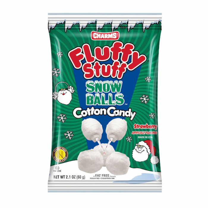 Front of Charms Fluffy Stuff Snow Balls Cotton Candy bag showing fluffy white cotton candy, playful snowball shape, and strawberry flavour label (60g pack)
