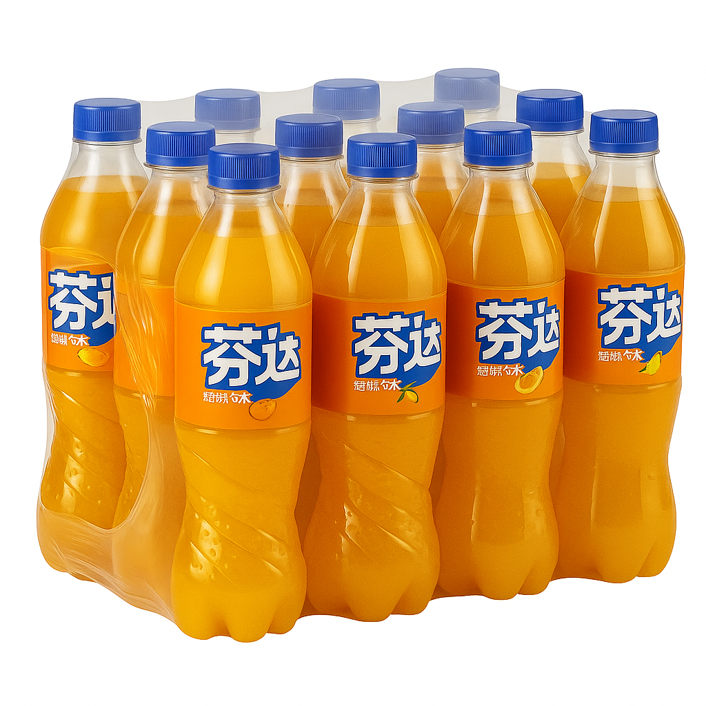 Front of Fanta Orange (China) case showing vibrant orange drink bottles, logo, and packaging details (500ml x 12 pack)