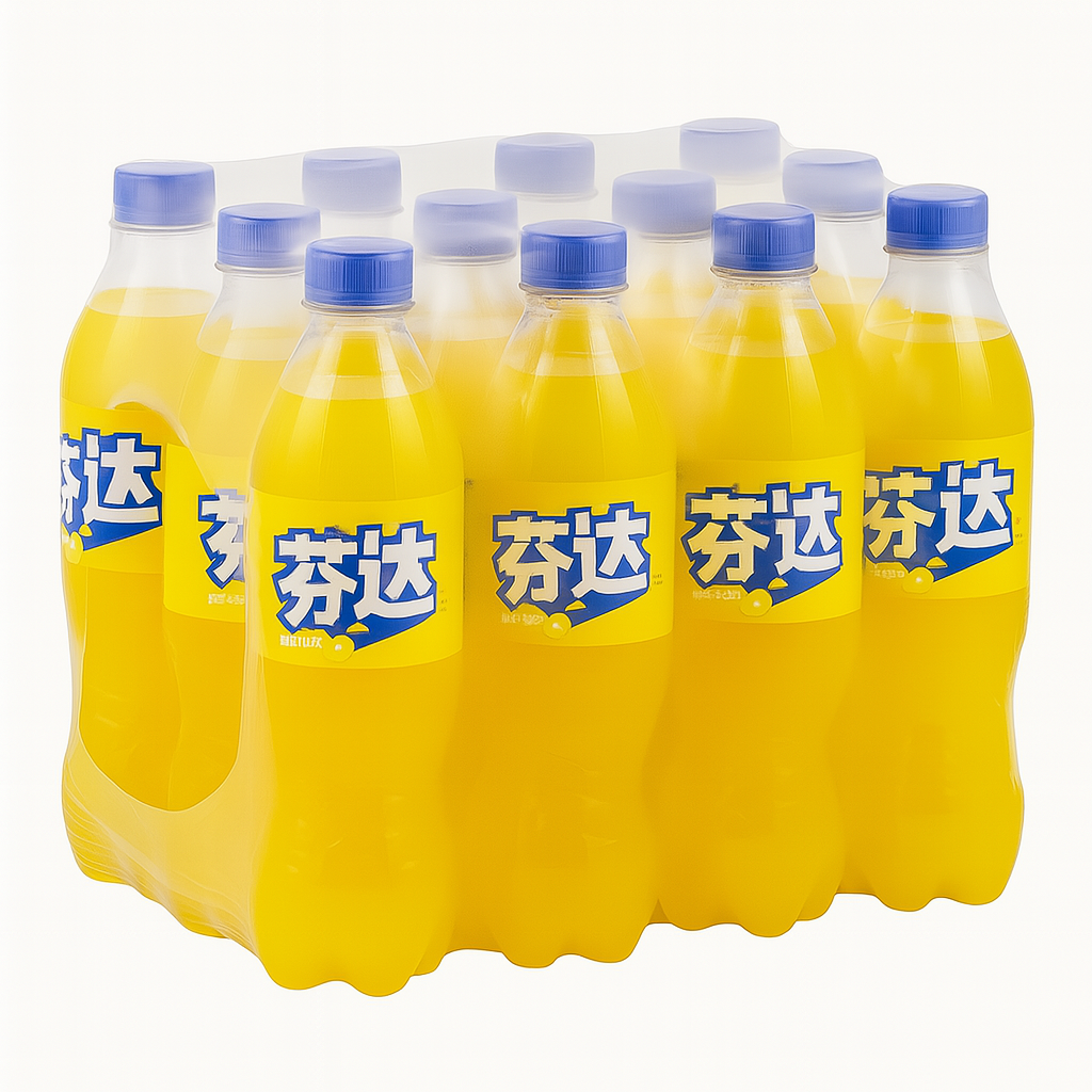 Front of Fanta Pineapple (China) 500ml case showing vibrant yellow drink bottles, brand logo, and pack size of 12.