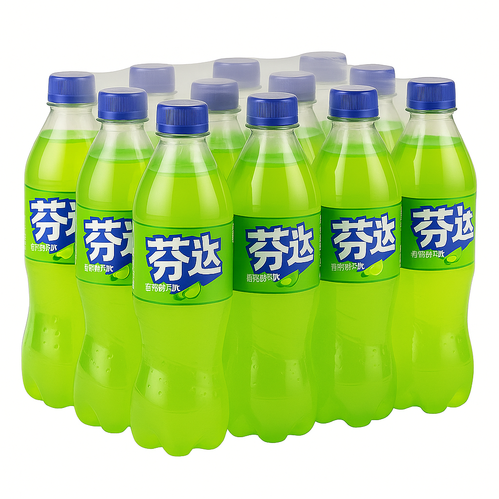 Front of Fanta Lime (China) case showing bright green bottles with logo and lime flavour (500ml x12 pack)