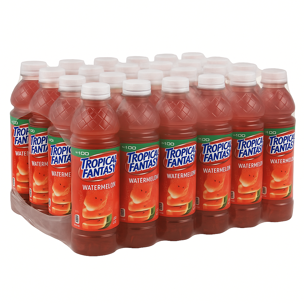 Front of Tropical Fantasy Watermelon bottle featuring bright red colour, watermelon imagery, and 591ml pack size, displayed in a 24-pack configuration.
