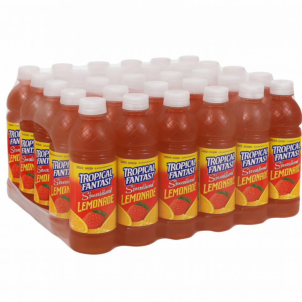 Front of Tropical Fantasy Strawberry Lemonade label showing bright logo, strawberry and lemon imagery, and 591ml bottle in a 24 pack display.