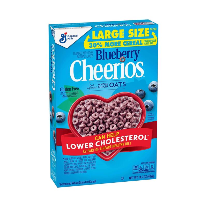 Front of General Mills Blueberry Cheerios box featuring vibrant blue packaging, blueberry flavour illustration, and 402g size indication