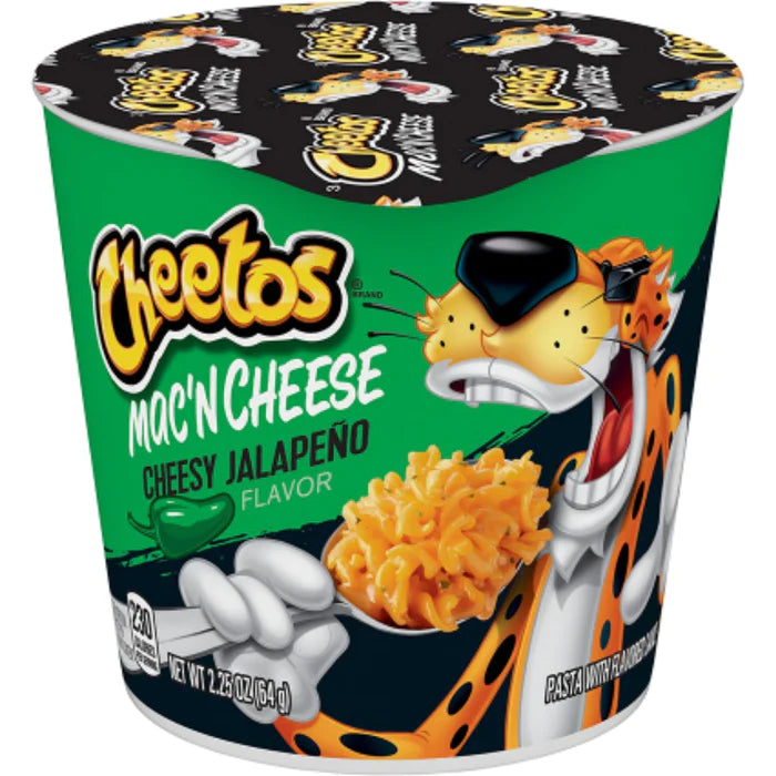 Front of Cheetos Cheesy Jalapeno Mac 'n Cheese Cup showing the Cheetos logo, jalapeno flavour, and cheesy pasta in a cup (66g)