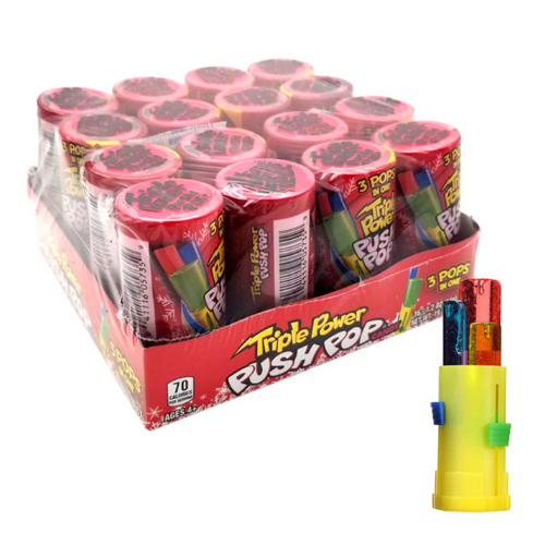 Front of Topps Christmas Triple Power Push Pop showing festive design, three flavour options, and a bright label (14g pack)