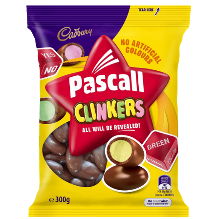Front of a yellow bag of Cadbury Pascall Clinkers (160g) featuring chocolate-covered confectionery, vibrant colours, and logo design.