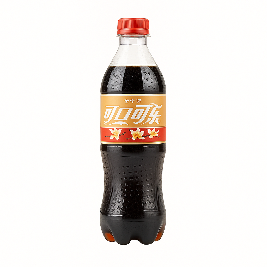 Front of Coca Cola Vanilla (China) bottle featuring red and orange label, vanilla flower graphics, and 500ml size indication.