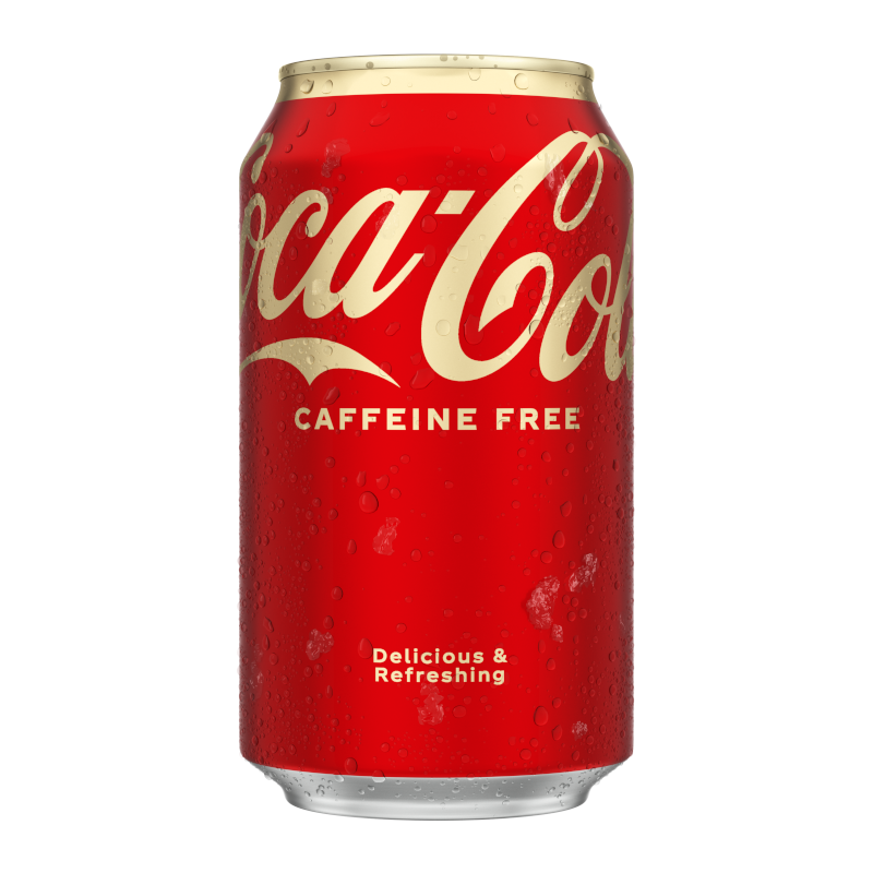 Front of Coca Cola Caffeine Free can showing classic red design, logo, and the label stating 'Caffeine Free' (355ml pack)
