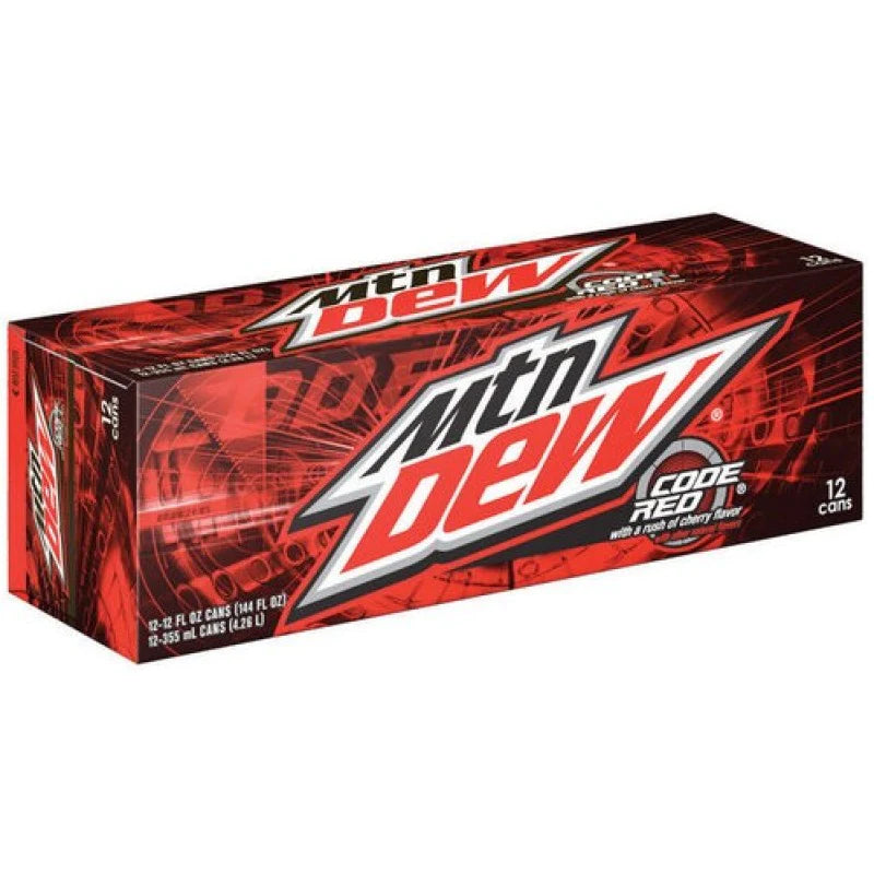 Front of Mountain Dew Code Red case showing vibrant red packaging with logo and details, featuring 12 cans (355ml each)