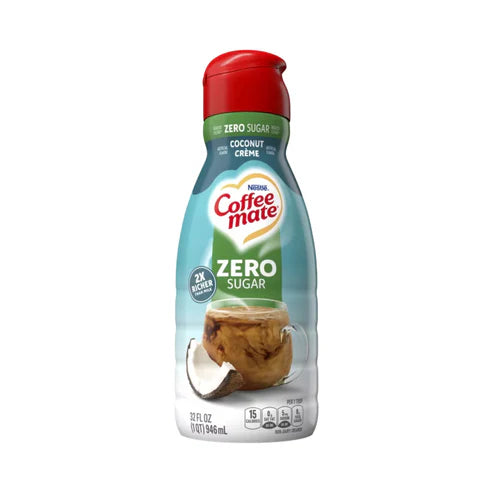 Front of Coffee-Mate Coconut Crème Zero Sugar Liquid Creamer bottle displaying logo, coconut flavour, and 946ml size