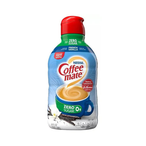 Front of Coffee-Mate French Vanilla Zero Sugar Liquid Creamer bottle featuring a blue design, French vanilla flavour, and 1.89l volume label.