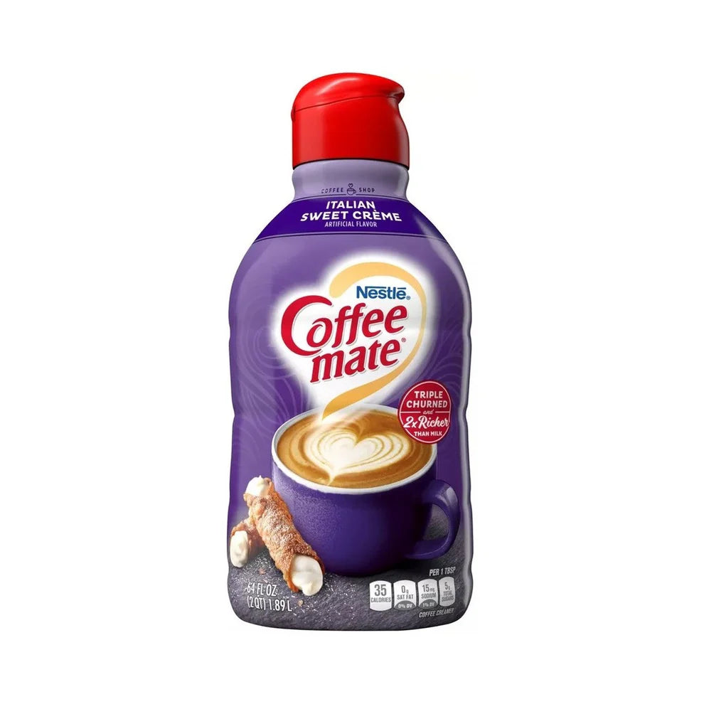 Front of Coffee-Mate Italian Sweet Crème Liquid Creamer bottle showing purple branding, Italian sweet crème flavour, and 1.89l size.