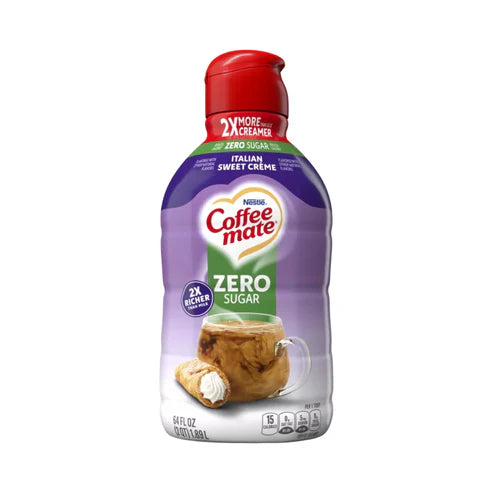 Front of Coffee-Mate Italian Sweet Crème Zero Sugar Liquid Creamer bottle showing the logo, purple packaging, and 1.89l size.