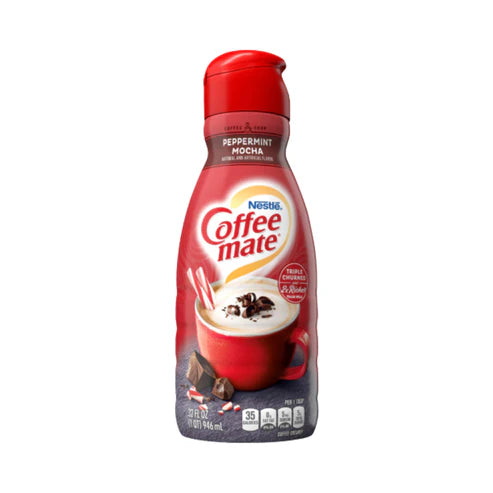 Front of Coffee-Mate Peppermint Mocha Liquid Creamer bottle showing red label, peppermint mocha imagery, and 946ml size