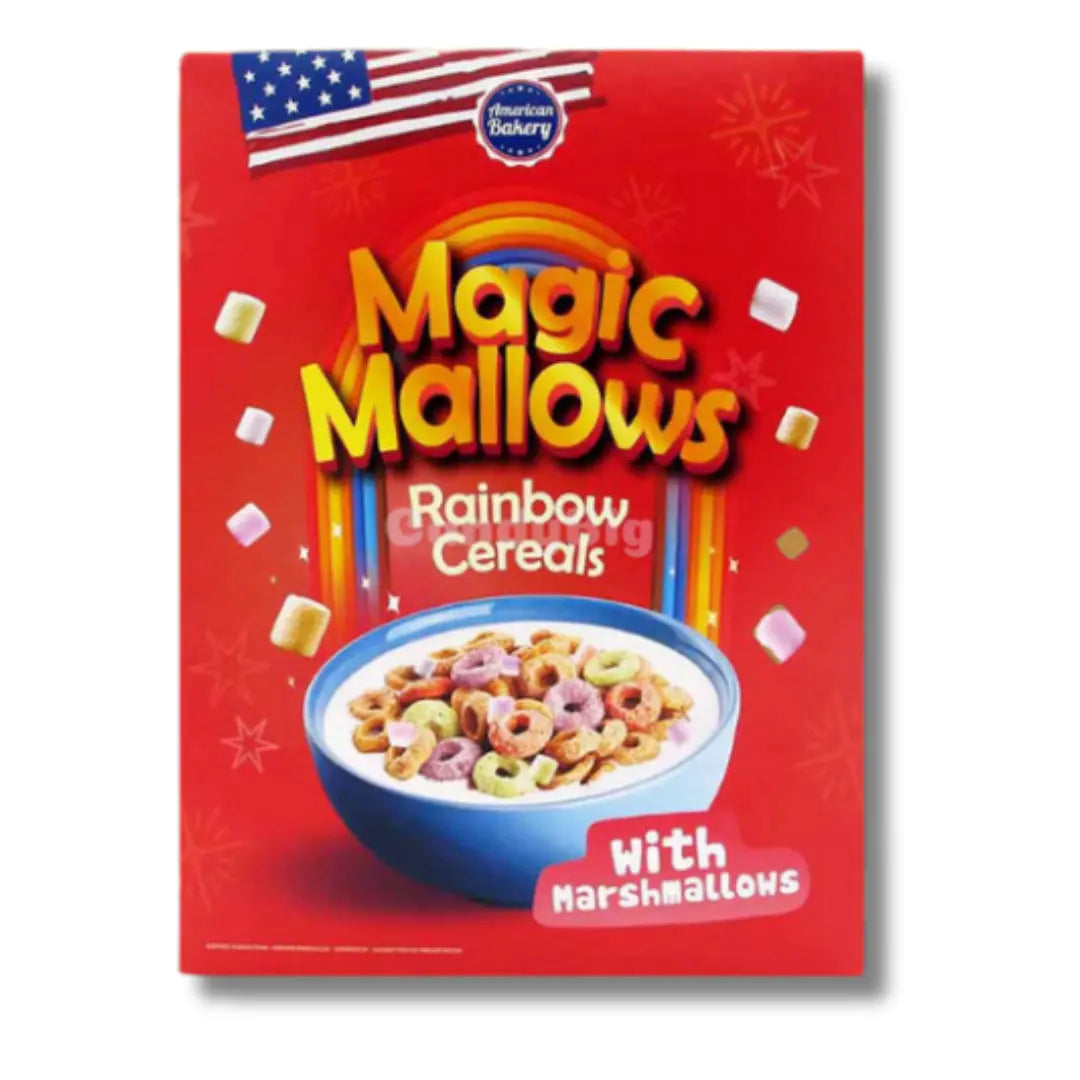 Front of American Bakery Magic Mallow Rainbow Cereal box showing vibrant red background, logo, and a bowl of cereal with colourful marshmallows (200g pack)