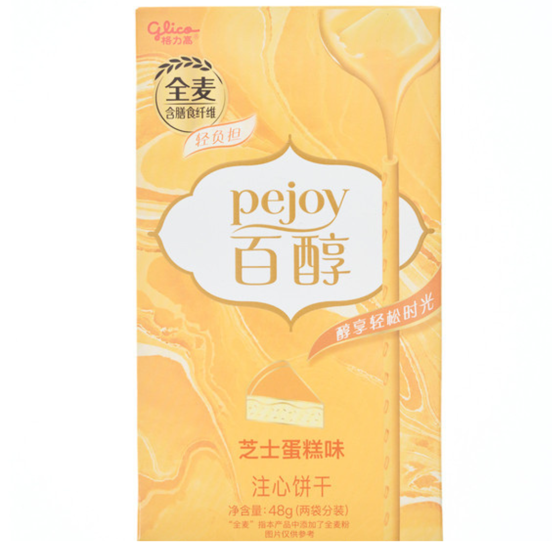 Front of Glico Pejoy Cheese Cake Flavour box featuring creamy cheesecake design and logo (48g pack)