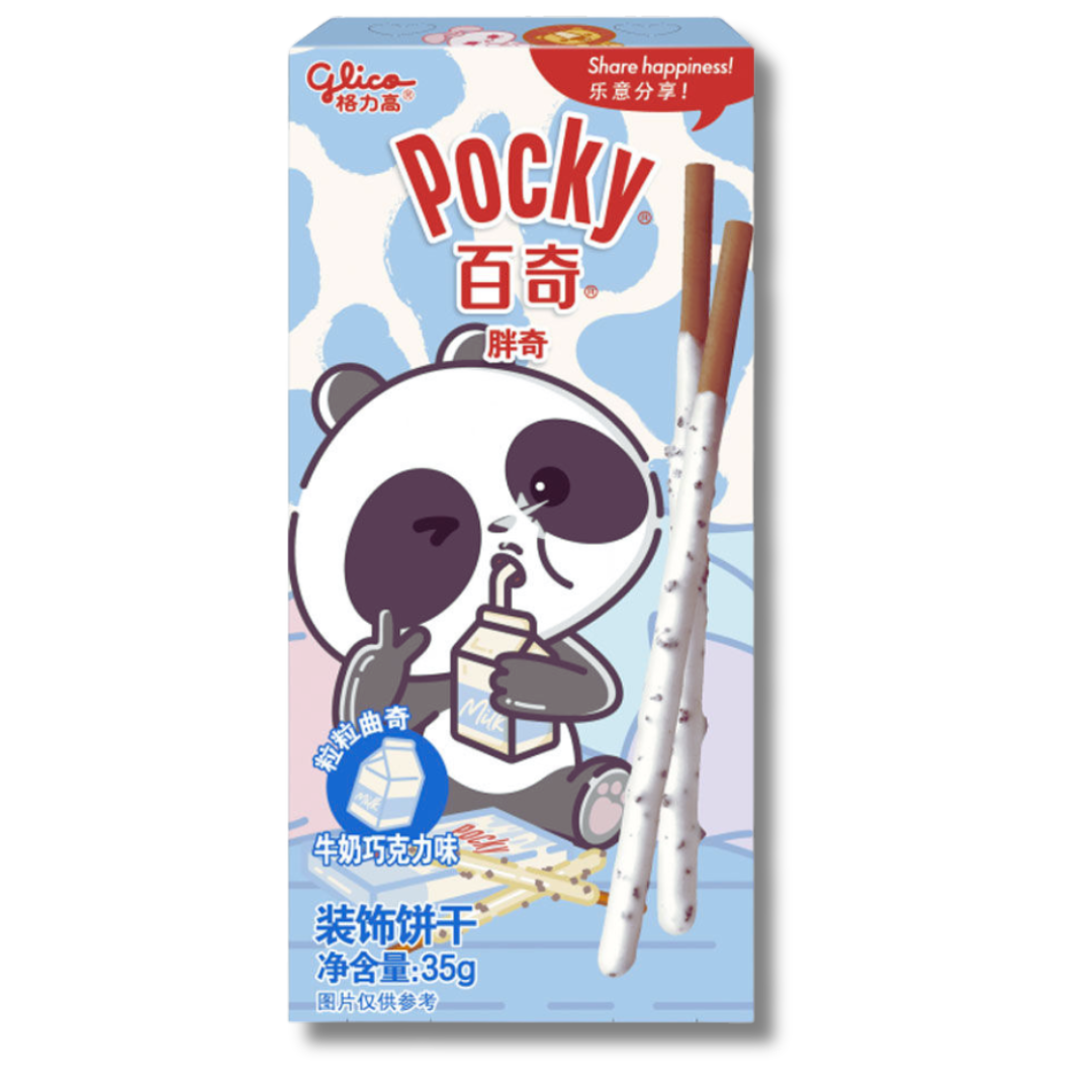 Front of Pocky Panda Milk Chocolate Flavour box featuring a cute panda character, milk chocolate coating, and 35g pack size.