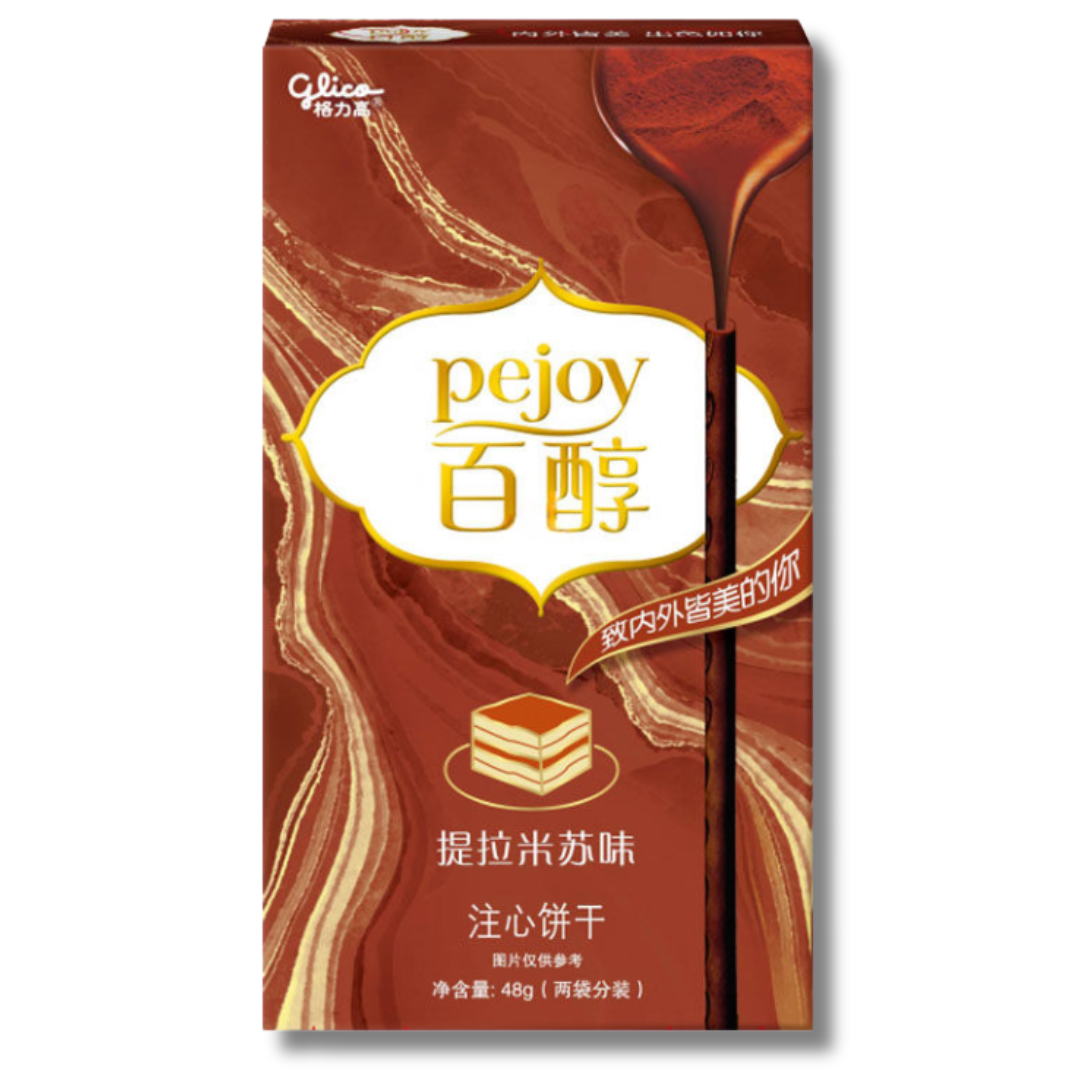 Front of Glico Pejoy Tiramisu Flavour packaging showing the logo, rich cream-filled biscuit sticks design, and 48g pack size.