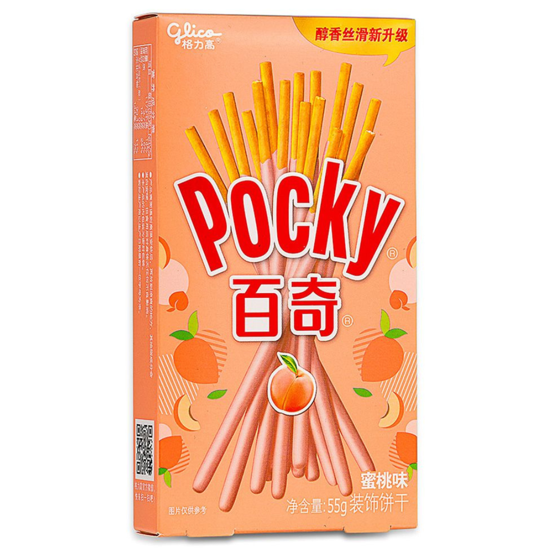 Front of Pocky Peach Flavour packaging showing the brand logo, peach flavour details, and a visual of crunchy sticks (55g pack)