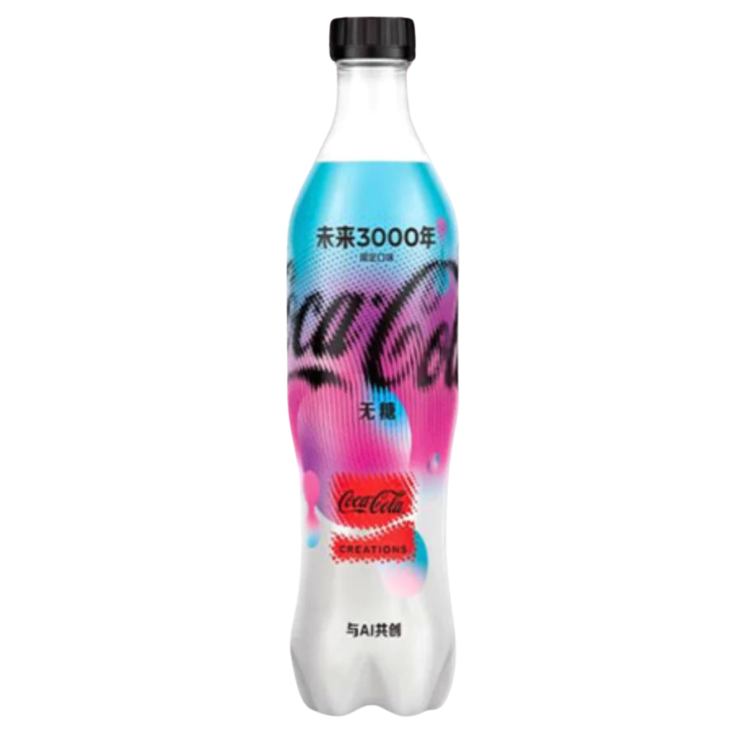 Front of Coca Cola Year 3000 Flavour bottle showing bold logo, vibrant design, and 500ml quantity.