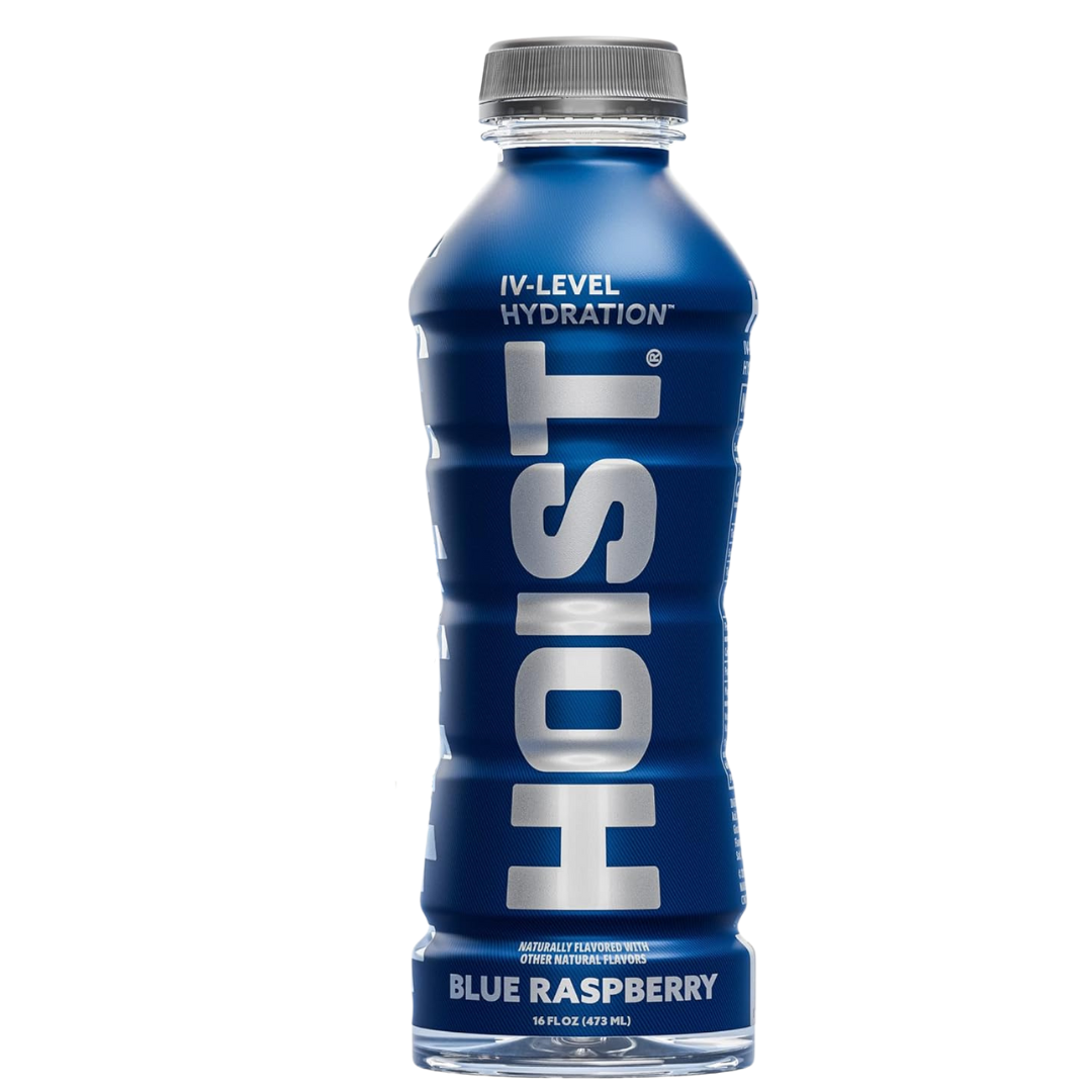 Front of HOIST IV Level Hydration Blue Raspberry bottle showing blue label, hydration details, and pack size (473ml)
