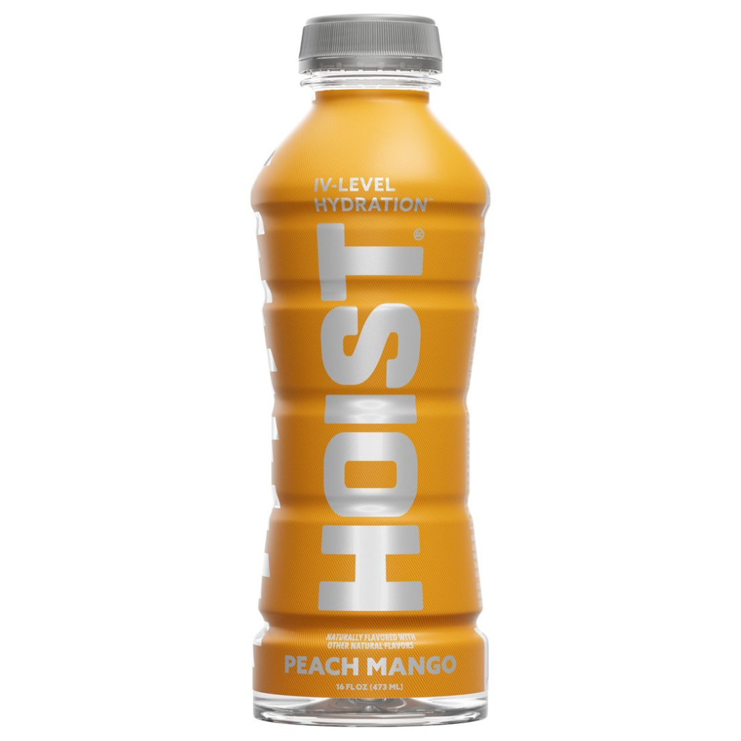 Front of HOIST IV Level Hydration Peach Mango bottle showing logo, hydration label, and vibrant peach mango colour (473ml pack)