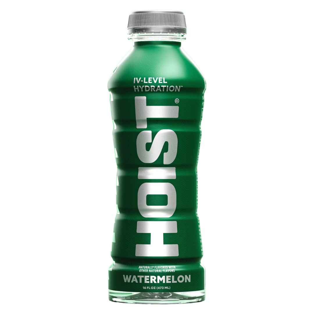 Front of HOIST IV Level Hydration Watermelon bottle displaying green logo and watermelon flavour label (473ml pack)