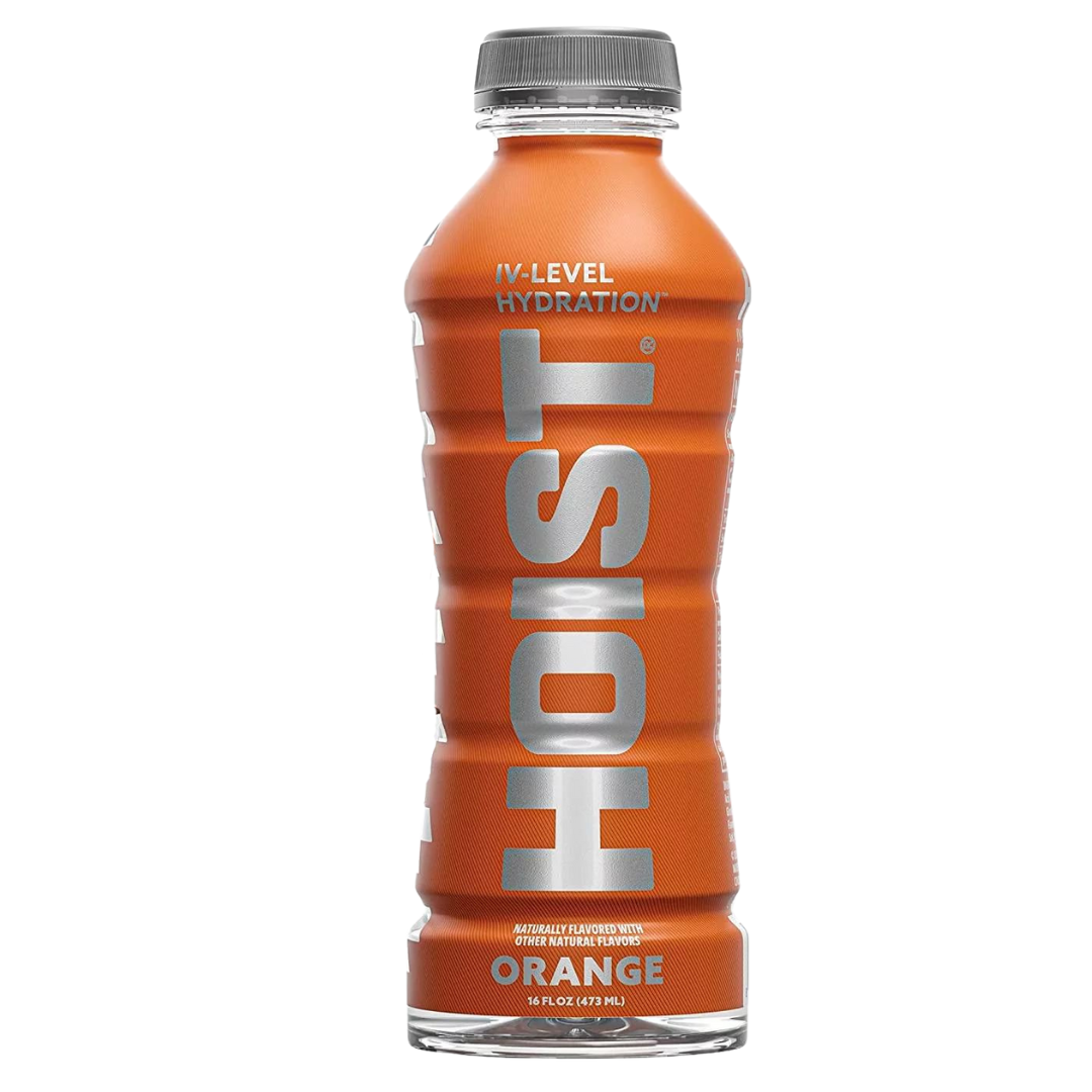 Front of HOIST IV Level Hydration bottle featuring orange colour and large logo with flavour details (473ml)