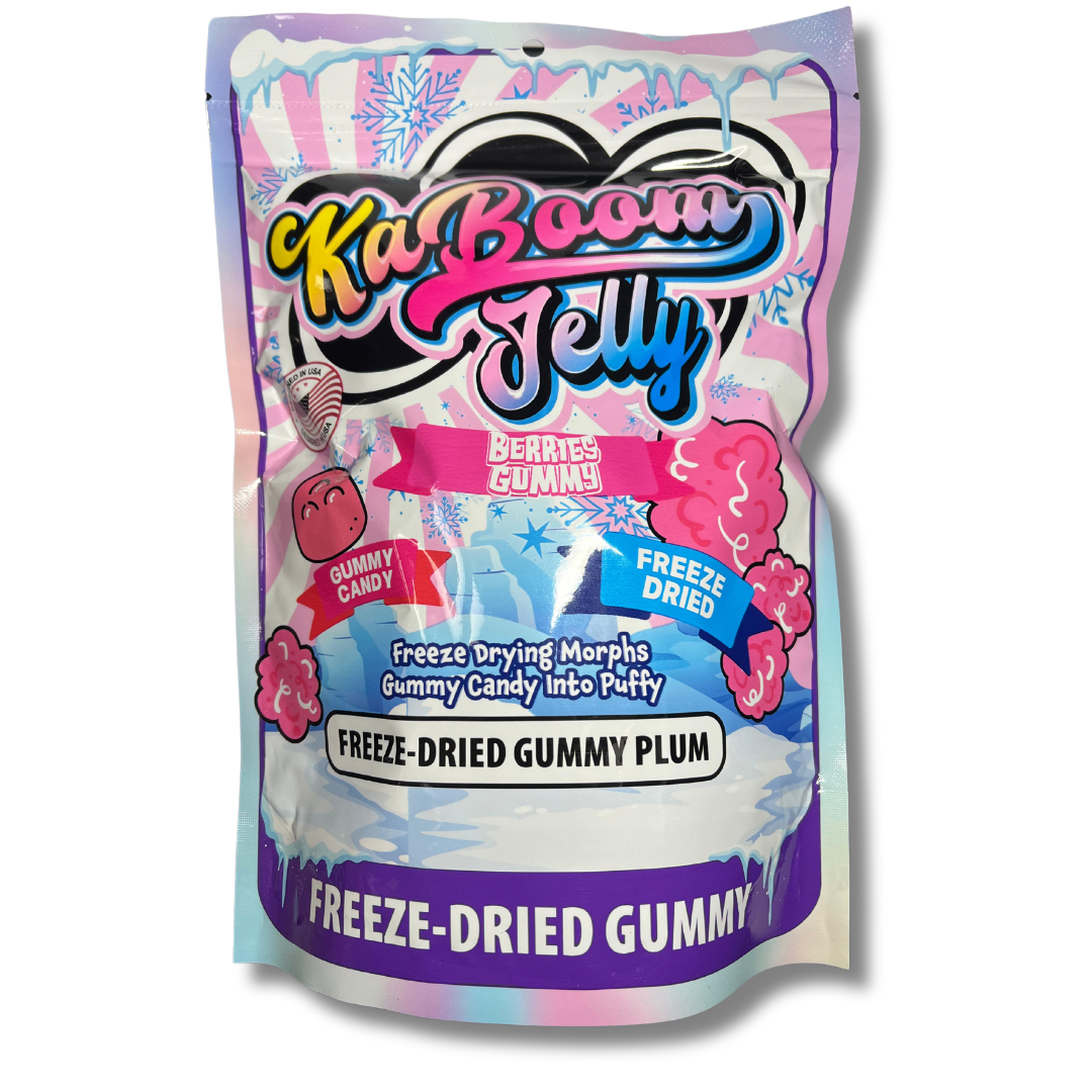 Front of Kaboom Jelly Freeze Dried Gummy Plum Flavour bag showing vibrant design, freeze-dried gummy label, and 120g pack size