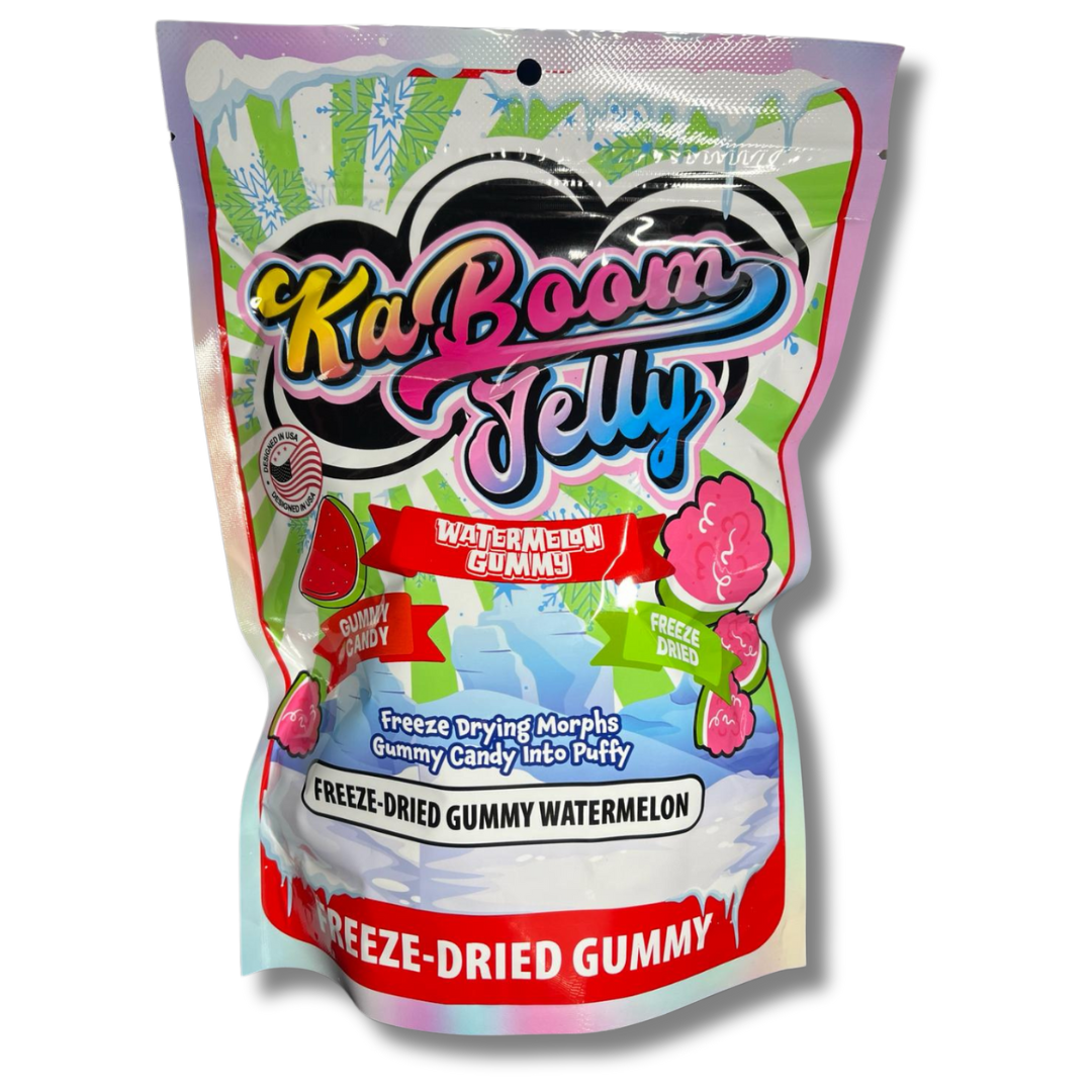 Front of Kaboom Jelly Freeze Dried Gummy Watermelon bag featuring the logo, bright watermelon design, and 120g pack label.