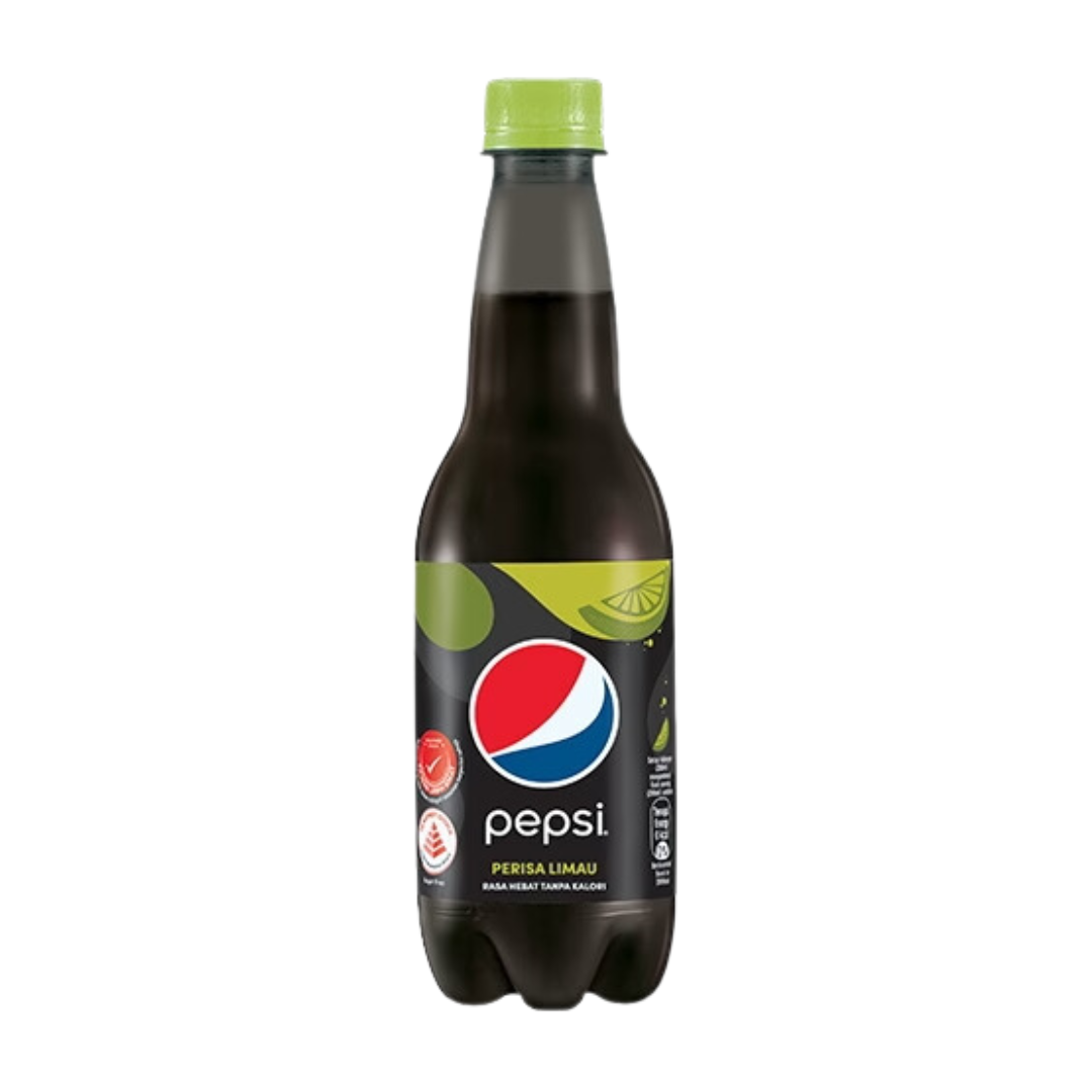 Front of a 400ml bottle of Pepsi Black Lime featuring the logo, lime flavour text, and vibrant design