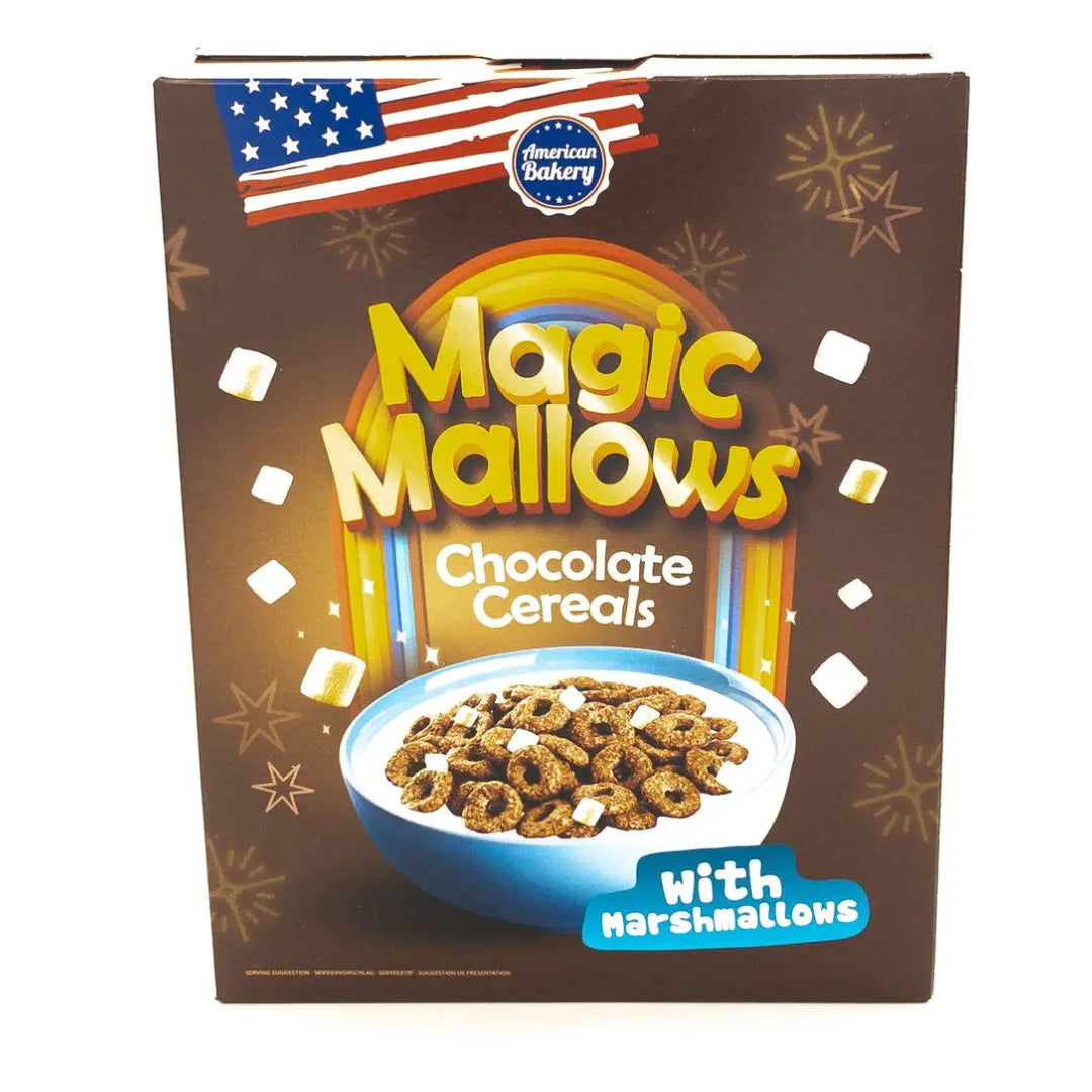 Front of American Bakery Magic Mallow Chocolate Cereal box featuring a blue bowl of chocolate cereal with marshmallows and vibrant yellow text (200g pack)
