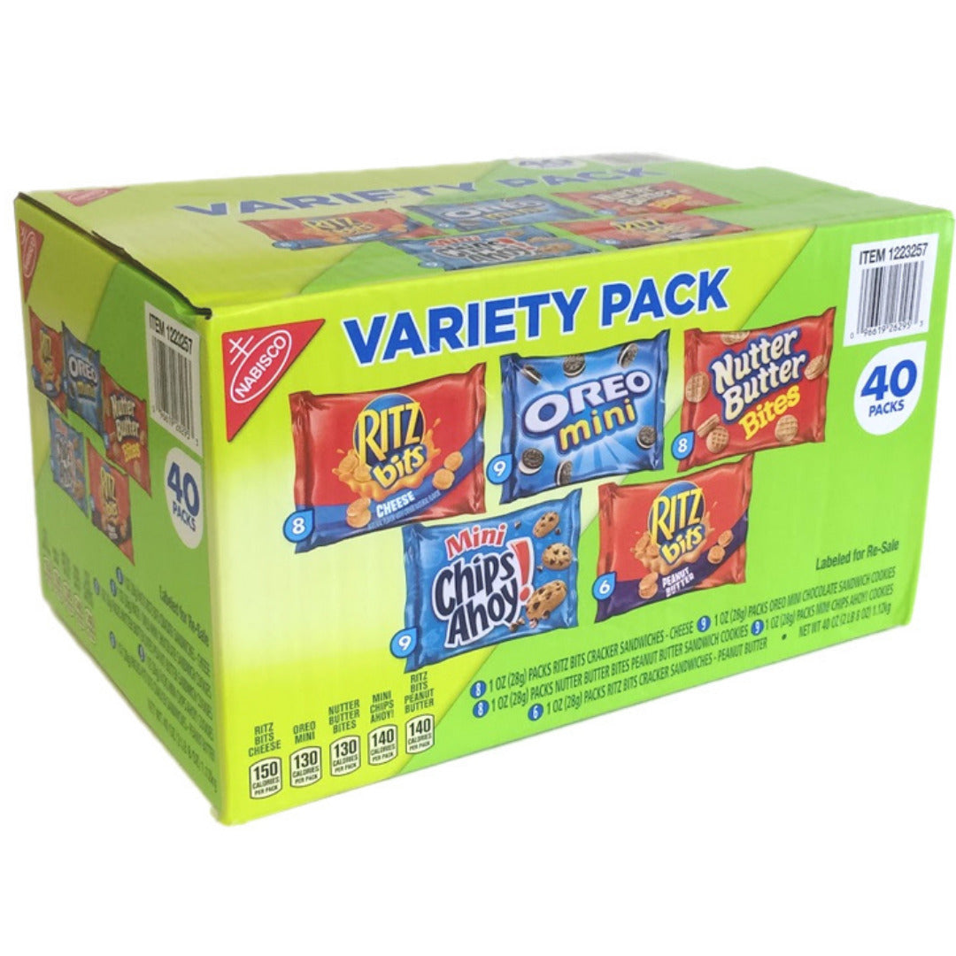 Front of Nabisco Cookies Variety Pack showing Chips Ahoy, Oreo mini, Ritz, and Nutter Butter logos with assorted cookie packs in a 40 pack box