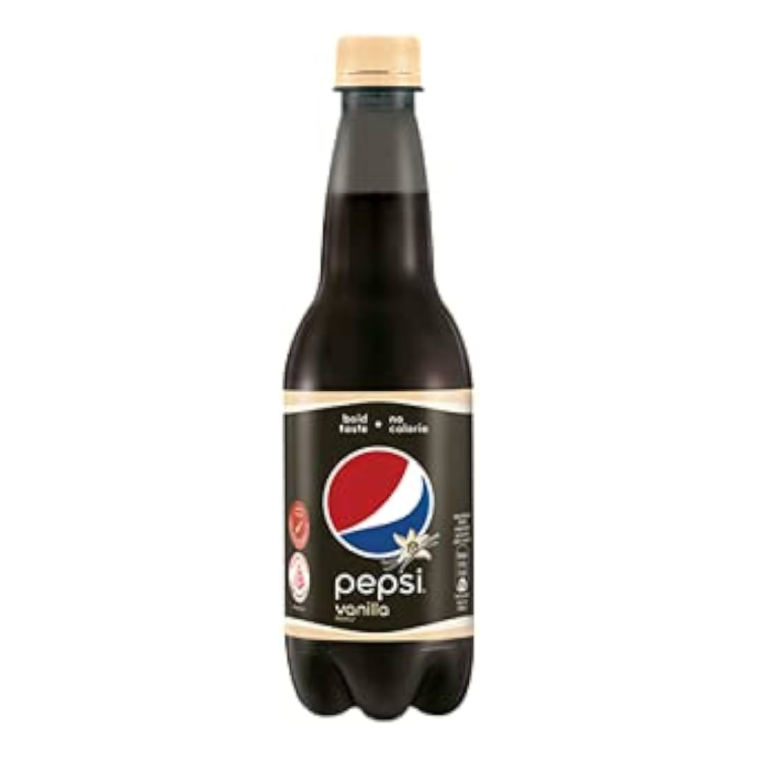 Front of a Pepsi Black Vanilla bottle featuring the logo, vanilla flavour label, and 400ml capacity details.