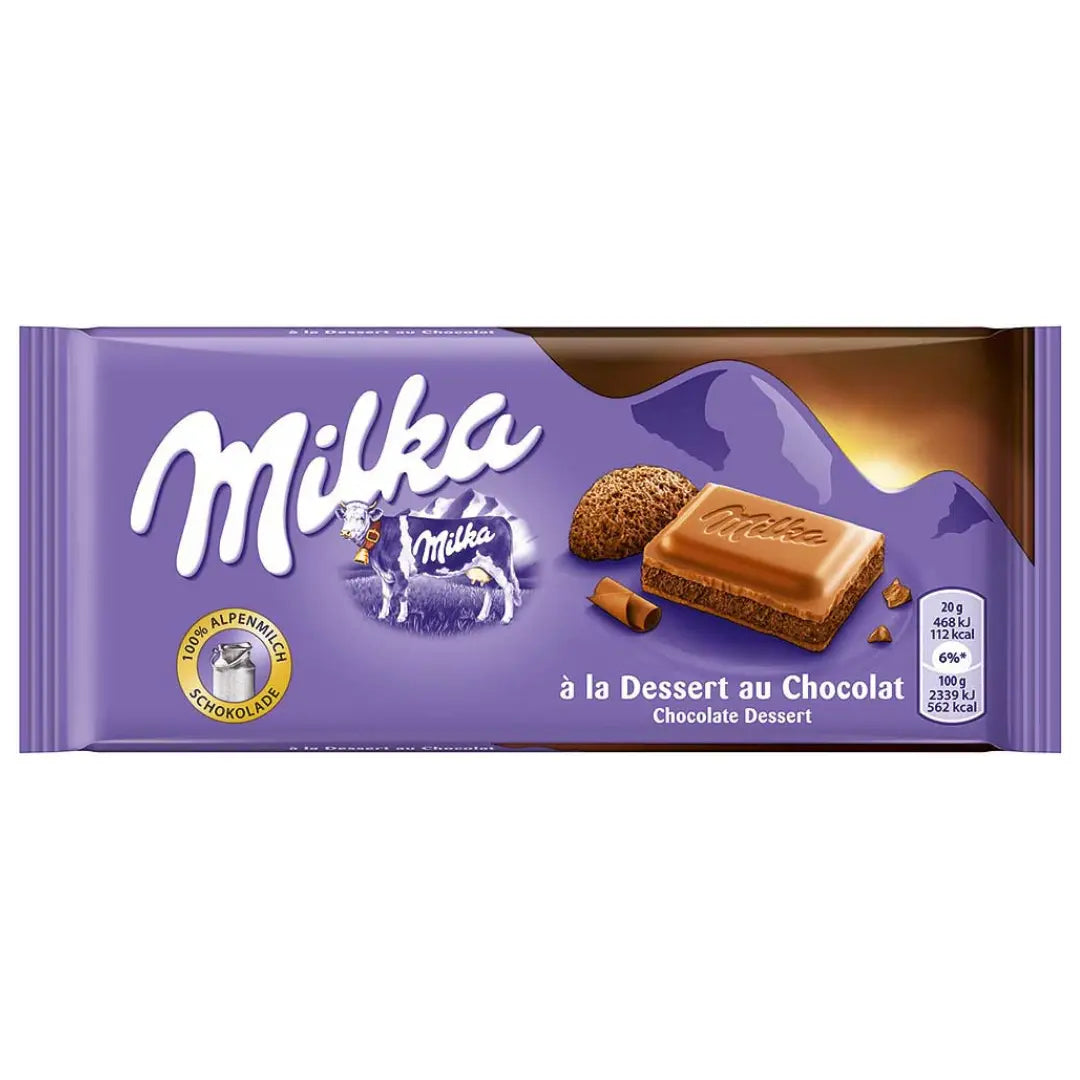 Front of Milka Chocolate Mousse packaging displaying the Milka logo, chocolate dessert name, and mousse texture (100g pack)
