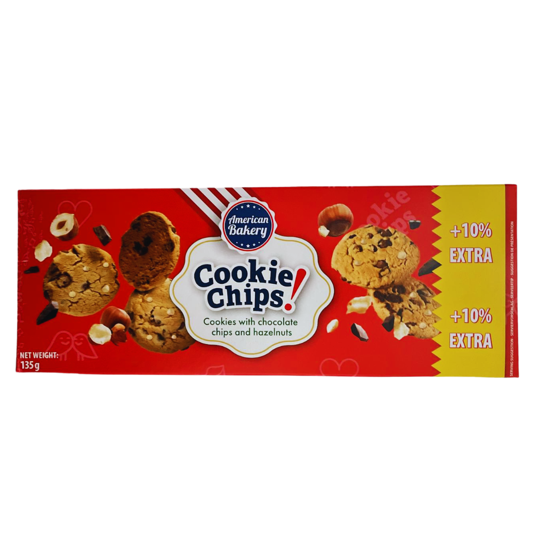 Front of American Bakery Hazelnut Cookie pack showing logo, cookies with chocolate chips and hazelnuts, and 135g weight label