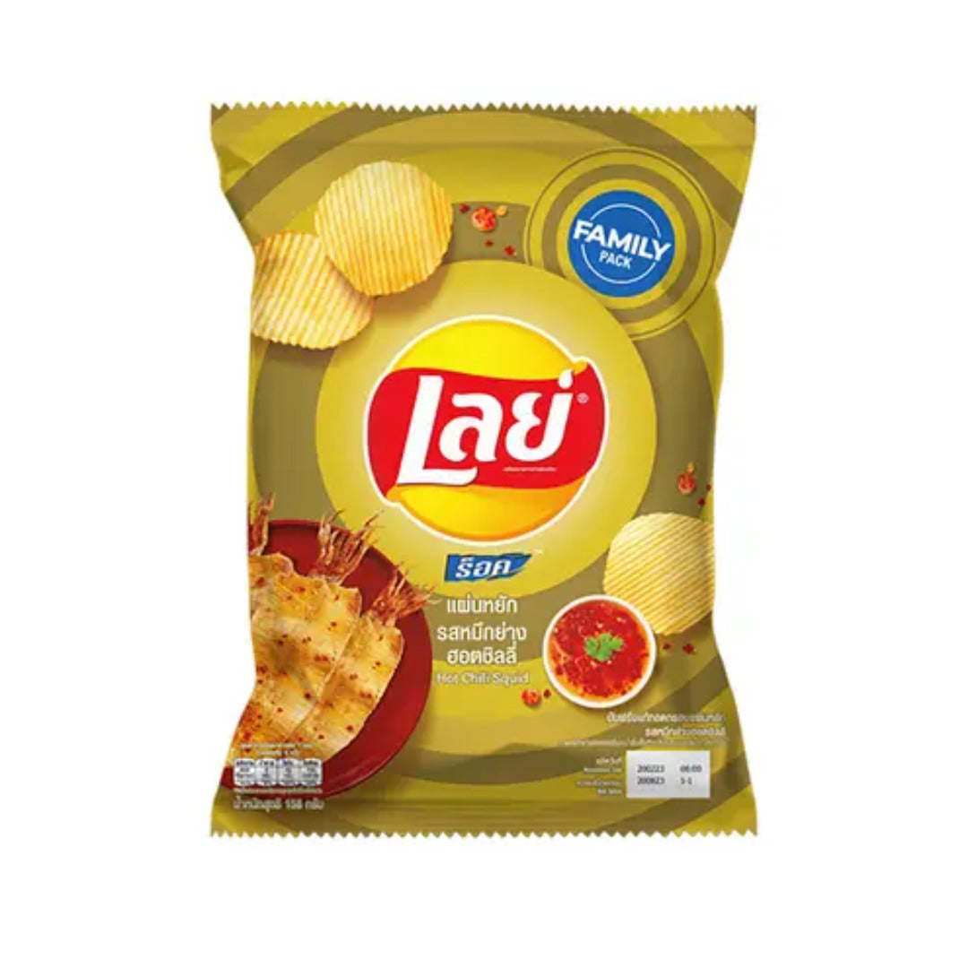Front of Lay's Hot Chilli Squid packet showing bold logo, squid flavour label, and crispy snacks (50g pack)