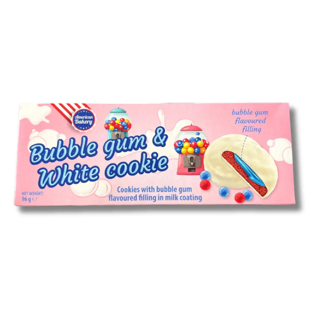 Front of American Bakery Bubble Gum & White Chocolate Cookies pack showing pink background, bubble gum themed design, and 96g net weight label.