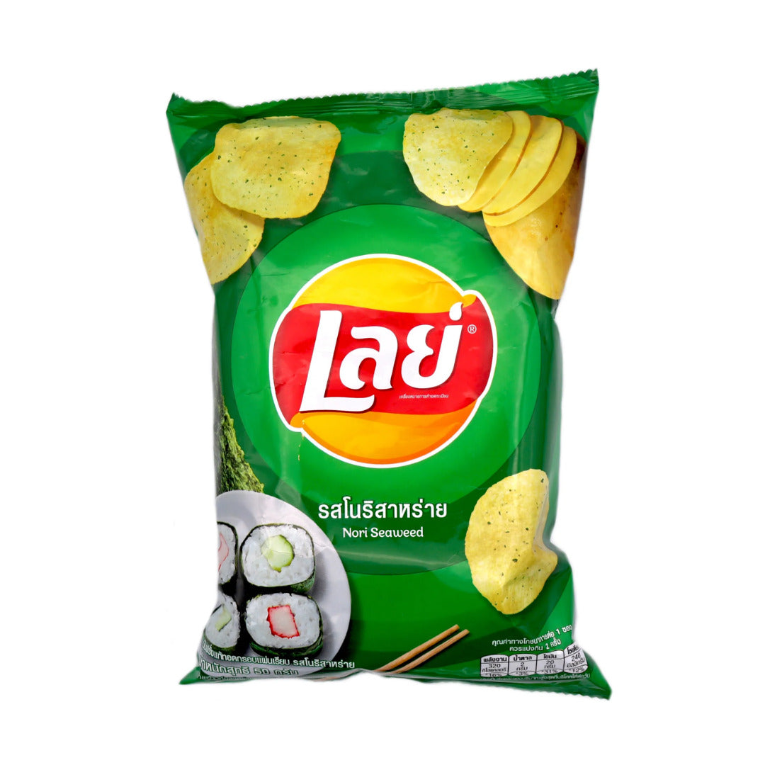 Front of Lay's Nori Seaweed bag showing the logo, seaweed chips, and sushi image, 50g pack