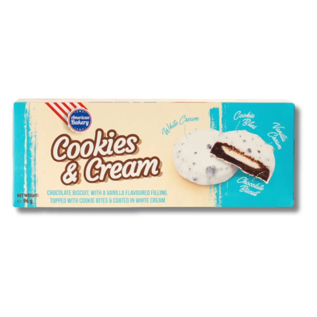 Front of American Bakery Cookies & Cream Biscuits pack showing the logo, product name, image of the cookies, and details about the chocolate biscuit and vanilla filling (96g)