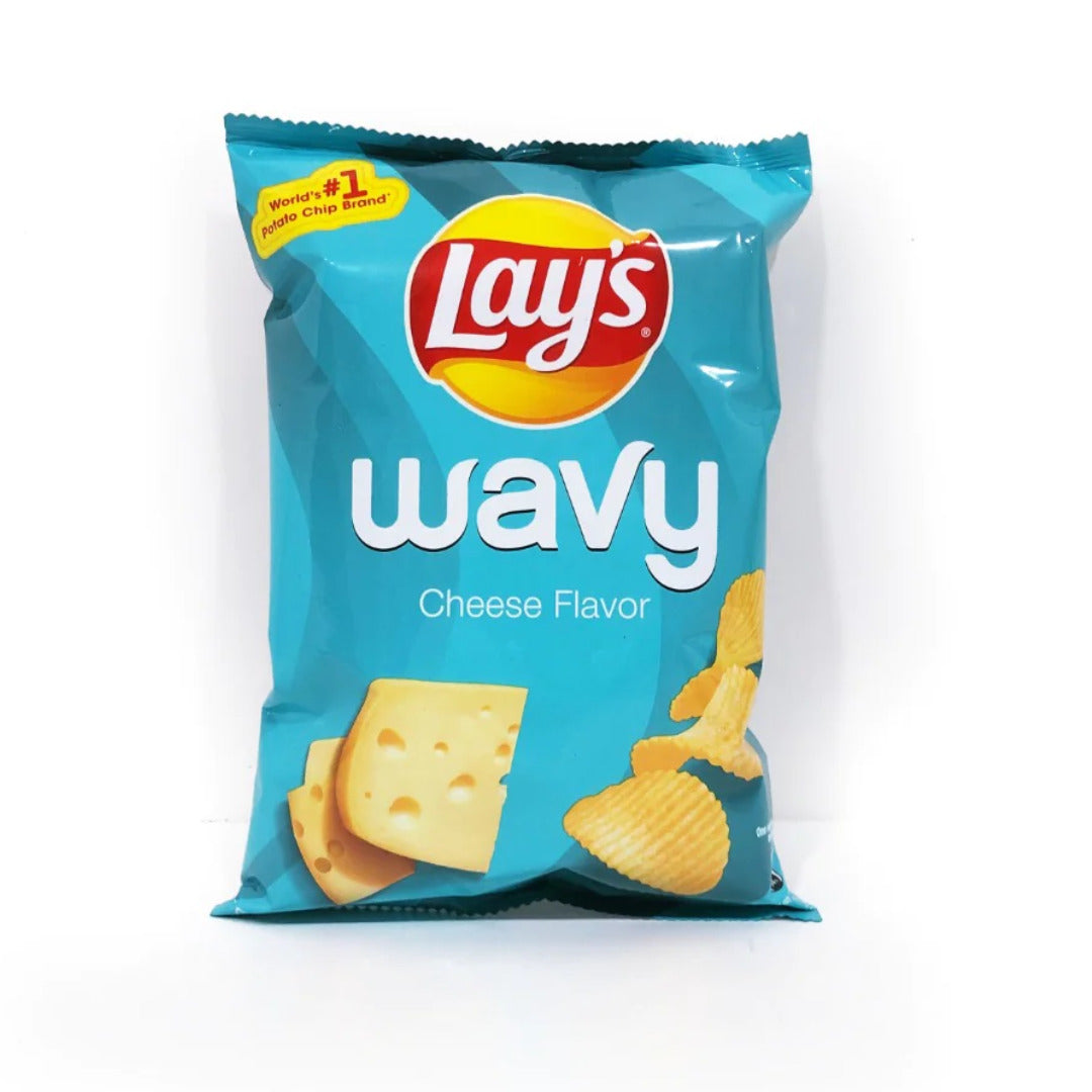 Front of Lay's Wavy Cheese 50g bag showing logo, wavy chips, and cheese imagery on a blue background