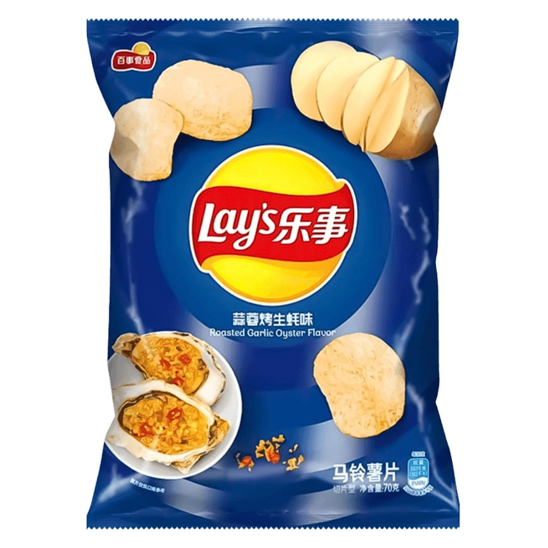 Front of Lay's Roasted Garlic Oyster Flavour crisps bag featuring logo, flavour details, and a bowl of oyster dish on a 70g pack.