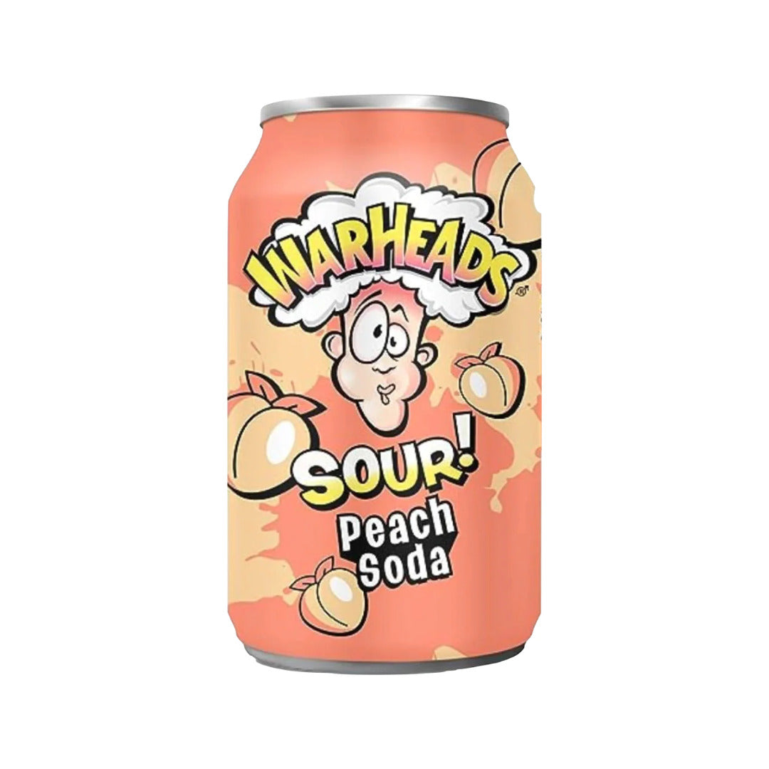 Front of Warheads SOUR! Peach Soda can featuring a light peach background, playful character, and prominent brand logo (355ml).