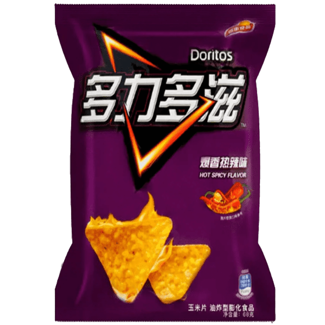 Front of Doritos Hot Spicy Flavour (Japan) bag showing vibrant purple packaging, bold logo, and image of crunchy chips (68g pack)