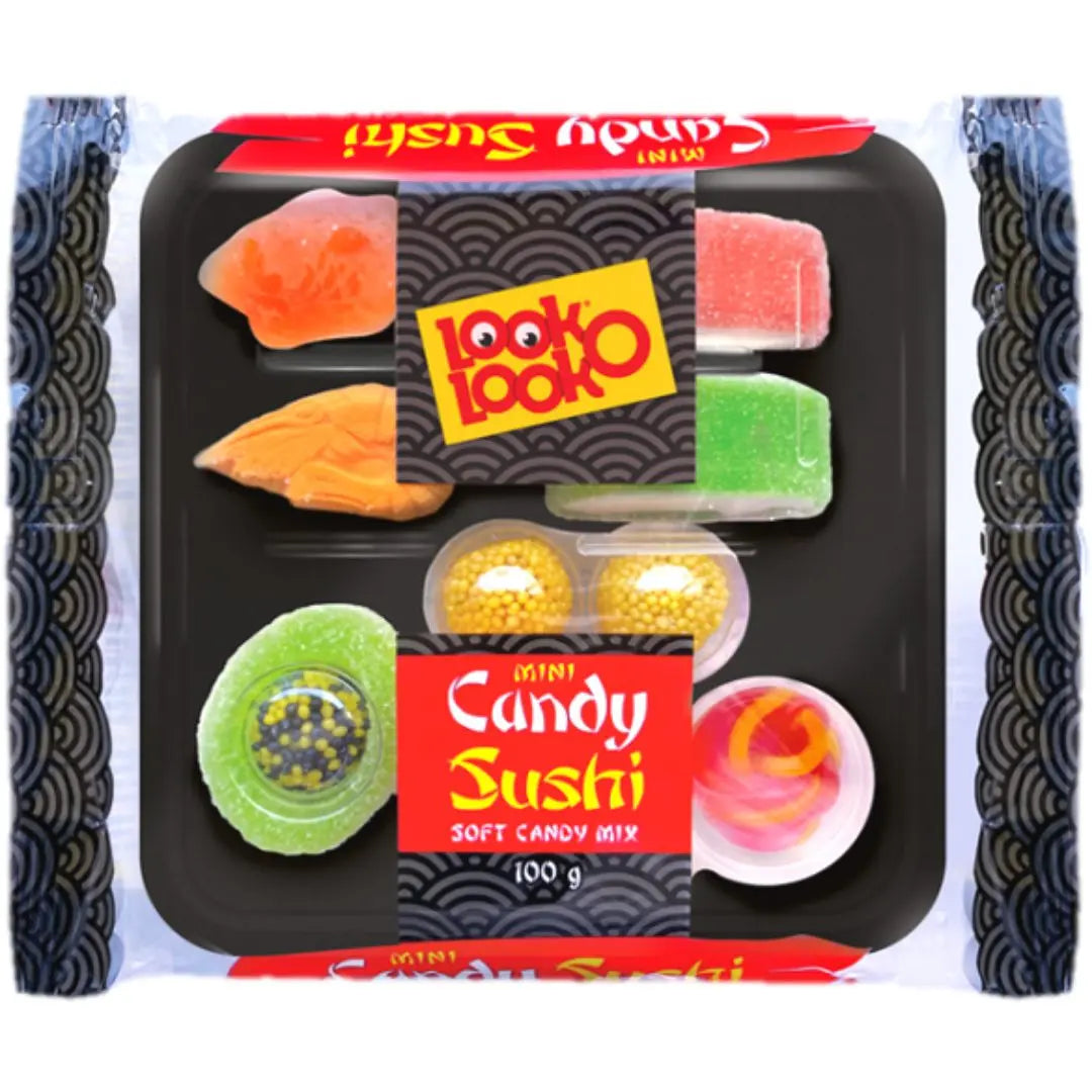 Front of Look-O-Look Sushi Tray showing playful sushi-shaped candies, vibrant colours, and packaging with 100g label