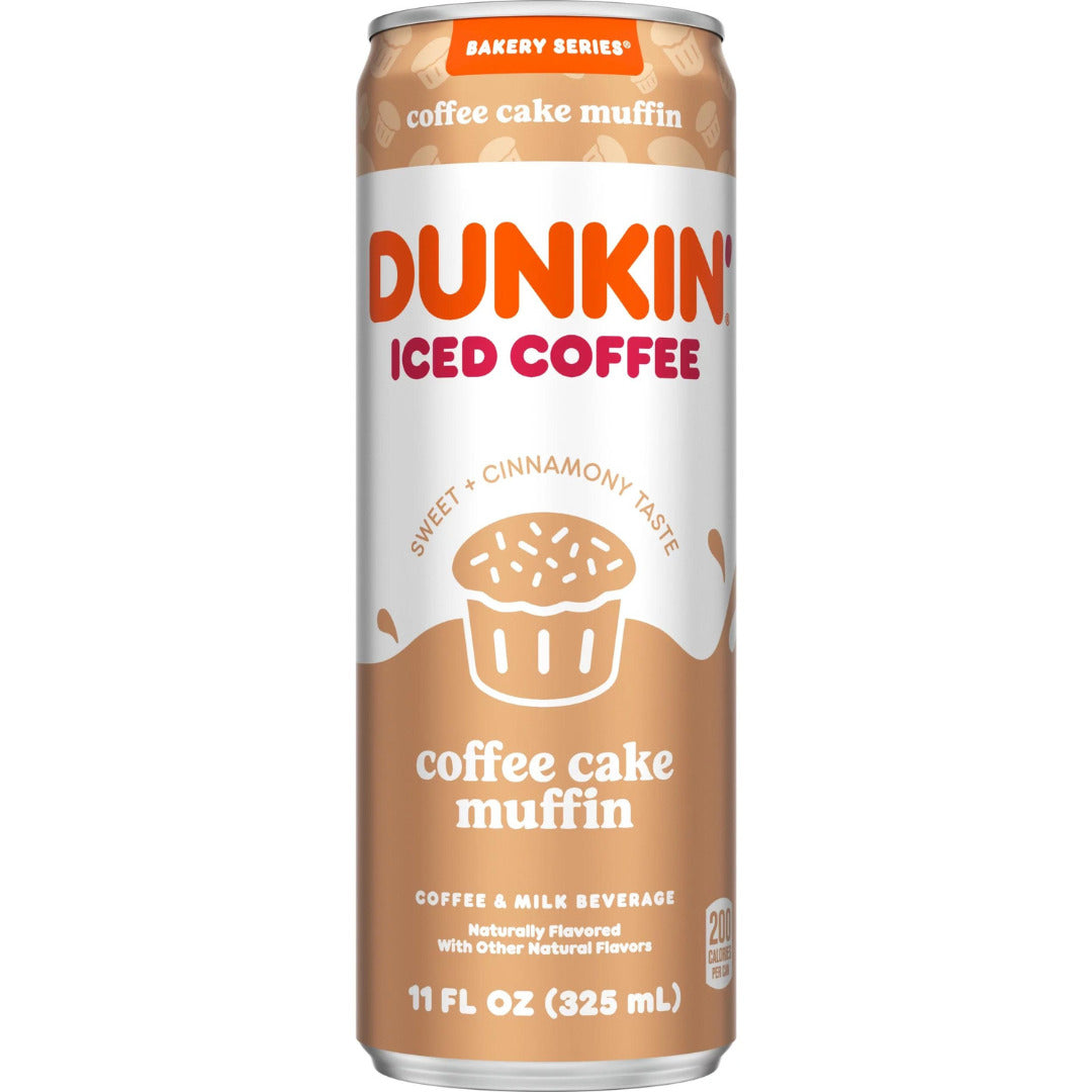 Front of Dunkin’ Donuts Coffee Cake Muffin Iced Coffee can displaying the logo, sweet cinnamon taste flavour label, and pack size (355ml)