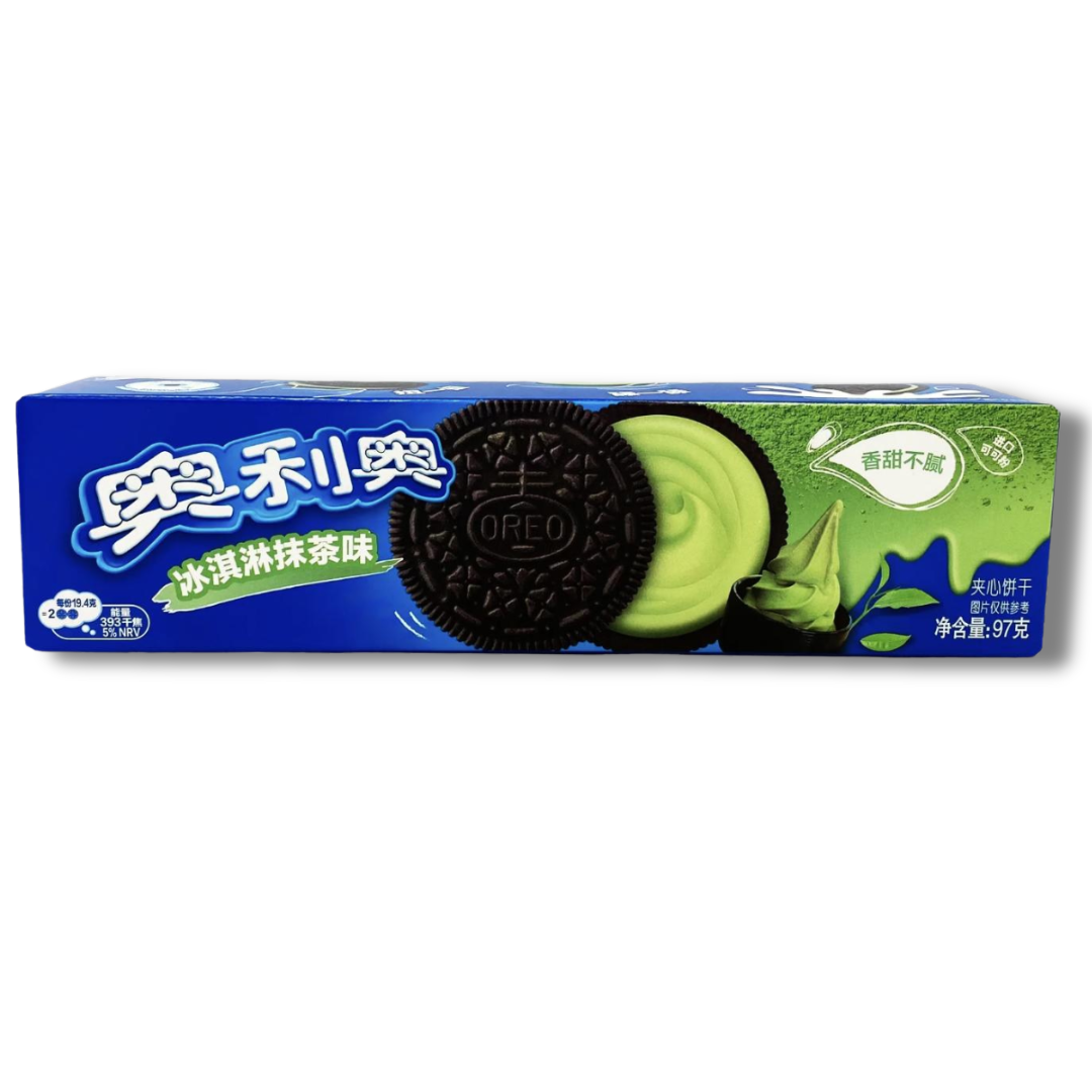 Front of Oreo Matcha Ice Cream Cookies pack featuring the Oreo logo, vibrant green matcha ice cream design, and 97g label.