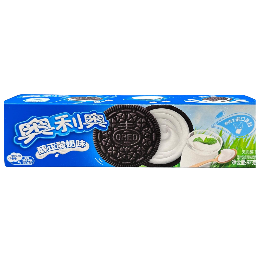 Front of Oreo Yoghurt (China) 97g container showing Oreo logo, creamy yoghurt, and decorative images of mint and dessert.
