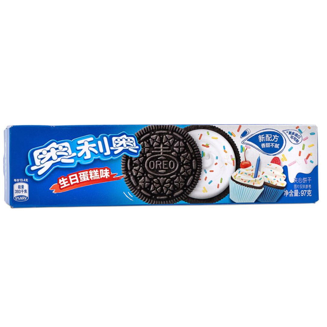 Front of Oreo Birthday Cake packaging showing Oreo logo, colourful birthday cake design, and biscuits with creamy filling (97g pack)