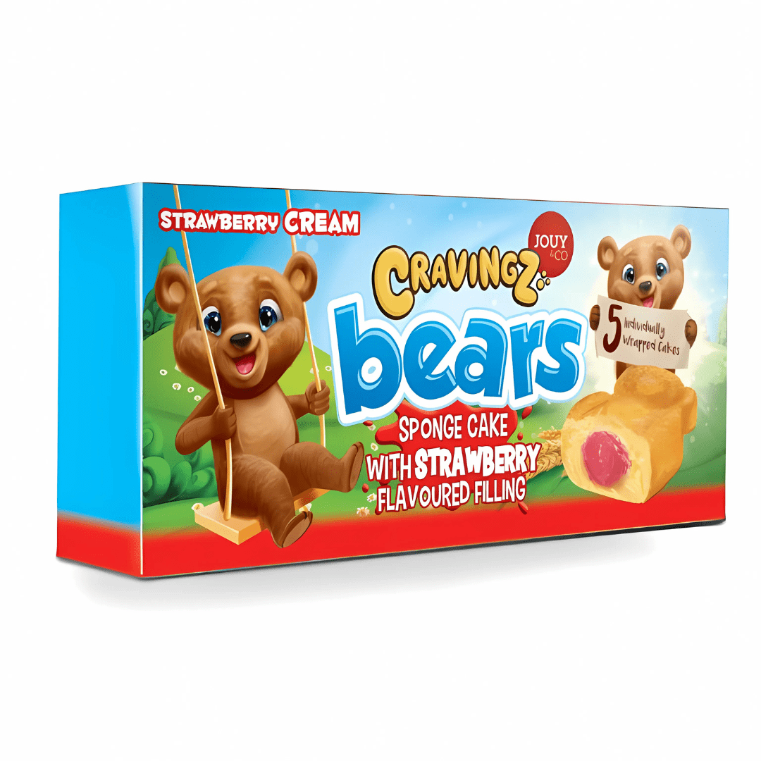 Front of Cravingz Spongiez Bears Strawberry Flavour pack showing colourful design, logo, and image of sponge cakes with strawberry filling (200g pack)